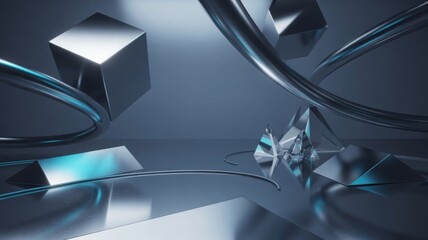 A cinematic 3D render of a futuristic, minimalist abstract background featuring metallic silver cubes and crystal pyramids on a dark, reflective surface.