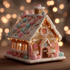 Charming Gingerbread House with Pastel Candy Decorations and Warm Interior Lights