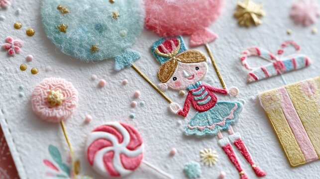 Festive Joy and Sweet Delight: A whimsical artwork, a delightful doll playfully floats, carried by balloons. A candy land of vibrant colors, with delicate candies.