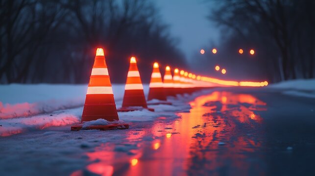 Icy road with reflective road cones in winter weather at twilight time