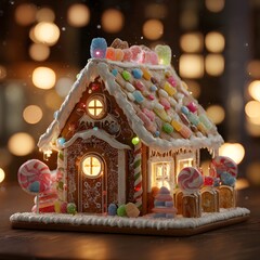 Festive Gingerbread House Decoration with Illuminated Windows and Candy Roof