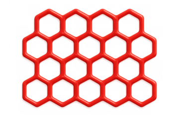 Red honeycomb grid pattern creating a geometric structure, representing connection, network, and technology on transparent background