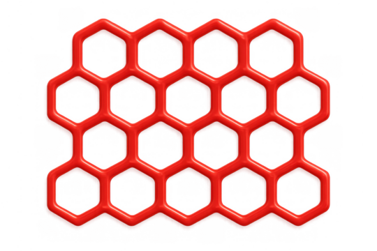 Red honeycomb grid pattern creating a geometric structure, representing connection, network, and technology on transparent background