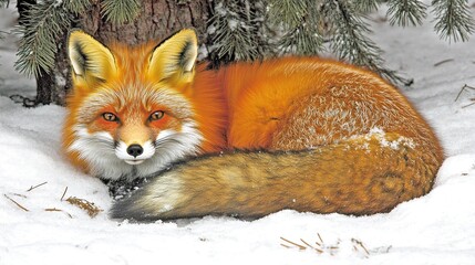 A Sleepy Red Fox Resting Quietly in Fresh Snow Beneath Winter Pine Trees