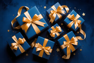 Elegant Blue Gift Boxes with Golden Ribbons on Blue Background