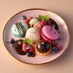 Aesthetic Pink Plate of French Macarons Tart and Fresh Berries Dessert