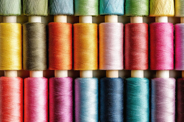 Colorful sewing threads neatly arranged in a row for crafting and design projects