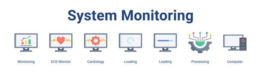 System Monitoring web icon vector illustration concept with icon of Monitoring, ECG Monitor, Cardiology, Loading, Loading, Processing, Computer.