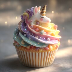 Vibrant Rainbow Unicorn Cupcake with Sparkling Edible Glitter and Candies