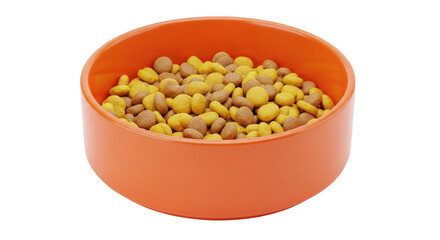Isolated pet food in orange bowl for dogs or cats, tasty dry dog food for animal feed