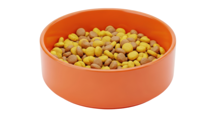 Isolated pet food in orange bowl for dogs or cats, tasty dry dog food for animal feed