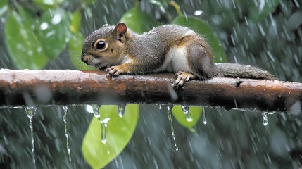 A Small Wet Squirrel Perched on a Rain-Drenched Branch in a Lush Green Garden