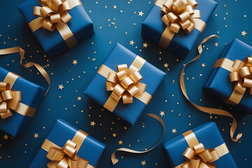 Elegant Blue Gift Boxes with Golden Ribbons on Blue Background