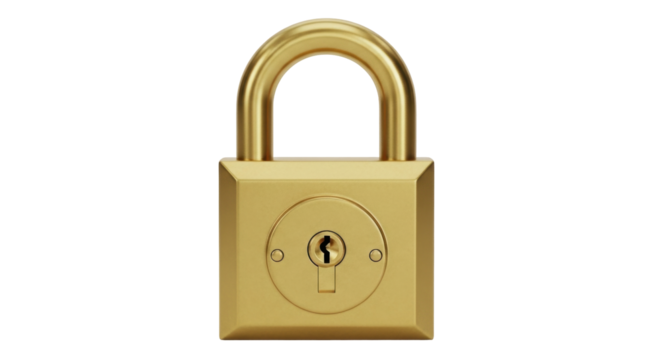 Isolated golden metal padlock, security concept, vintage locked safety, gold color, metallic - Powered by Adobe