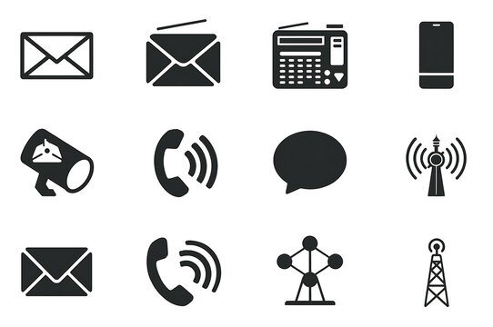 Collection of communication and technology icons in black and white