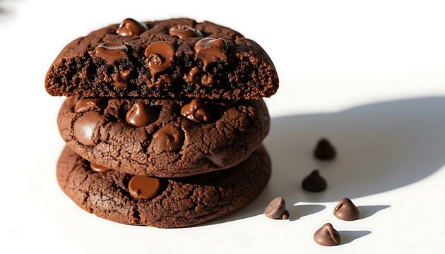 Delicious homemade dark chocolate chip cookies stacked high with a rich fudgy center and chocolate chips scattered around on a white background