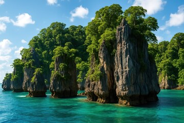 Dramatic limestone karsts covered in lush jungle rise from the clear, emerald waters of an exotic bay. A perfect Southeast Asian paradise.