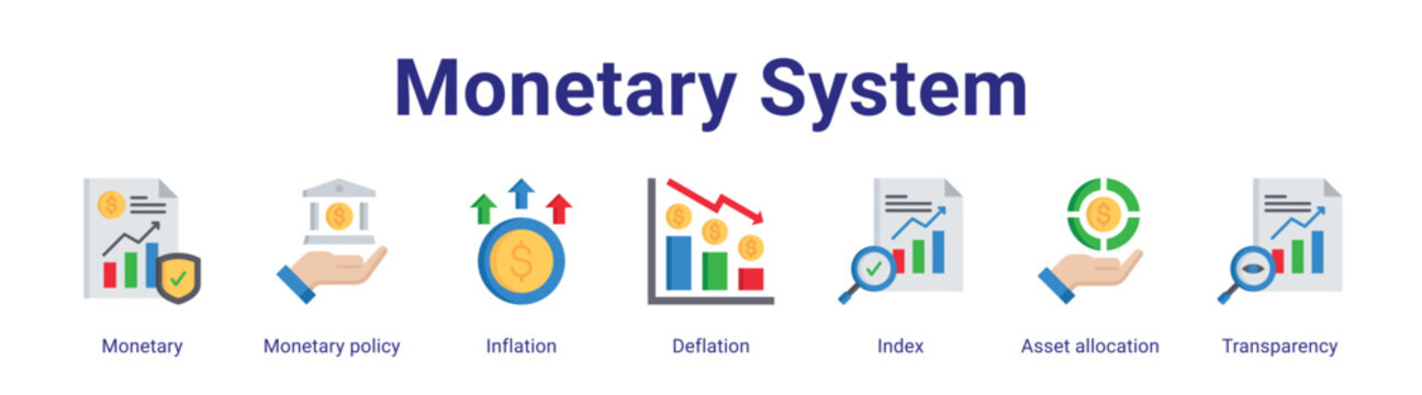 Monetary System web icon vector illustration concept with icon of Monetary, Monetary policy, Inflation, Deflation, Index, Asset allocation, Transparency.