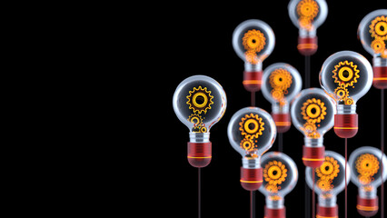 lightbulb concept with gears inside on black background. Innovation and new ideas.	
