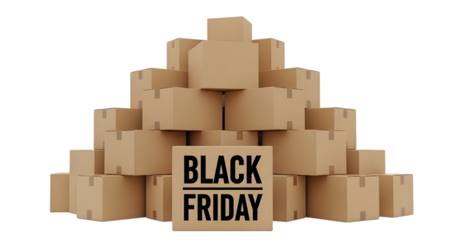 Stack of cardboard boxes with black friday sign