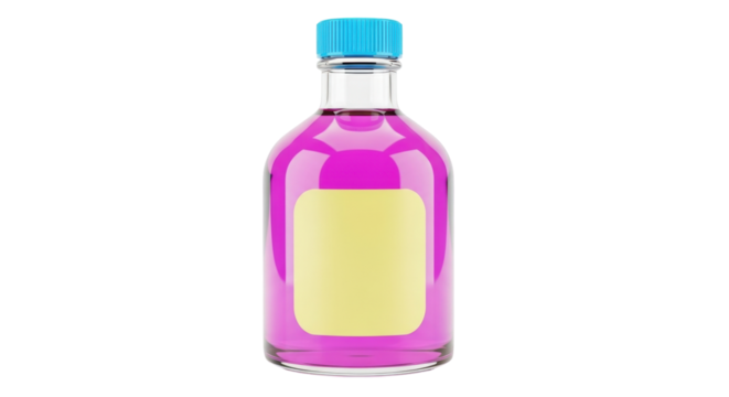 Isolated bottle of pink liquid with yellow label, clear glass and a blue cap, medical syrup