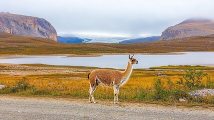 A solitary llama stands beside a tranquil lake amid golden plains and distant cliffs