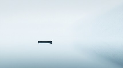 A solitary small boat floating quietly on a calm pale blue sea beneath an expansive sky