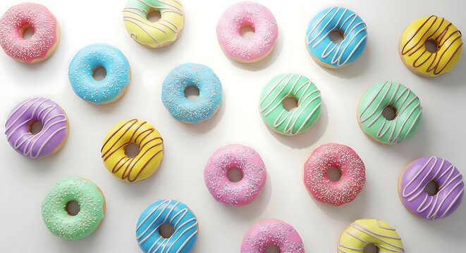A vibrant overhead view of a delightful assortment of colorful frosted mini donuts arranged in a playful pattern on a white background