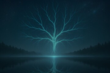 Luminescent Tree of Energy Reflected Over Calm Lake Under Starry Sky – Symbol of Life and Connection