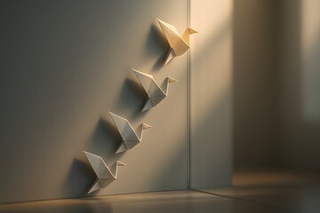 Origami Paper Birds Climbing Wall Toward Sunlight – Concept of Freedom, Creativity, and Growth
