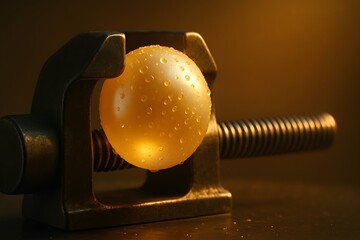 Glowing Golden Sphere Held in Metal Clamp – Symbol of Pressure, Innovation, and Creativity Under Stress