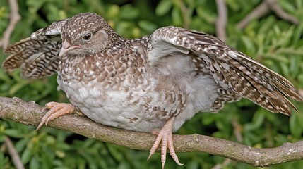 A speckled brown bird perched on a branch amid lush green foliage and leaves