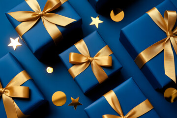 Elegant Blue Gift Boxes with Golden Ribbons on Blue Background