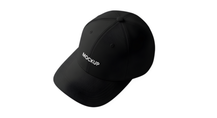 Stylish black baseball cap with white logo isolated on a dark background