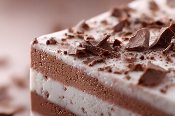 Layered mousse dessert decorated with chocolate flakes close-up