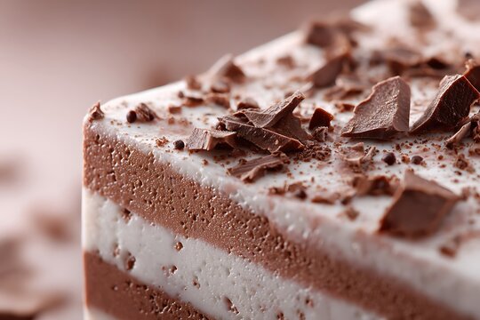 Layered mousse dessert decorated with chocolate flakes close-up