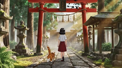 Girl red skirt walks with cat along stone path red torii gate surrounded by tall trees and traditional lanterns peaceful forest shrine setting young girl white shirt and red skirt stands stone path - Powered by Adobe