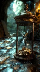 Hourglass whispering tales of bygone days in a dimly lit stone chamber