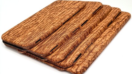 A stack of elongated chocolate wafer cookies arranged in a neat row on a white background