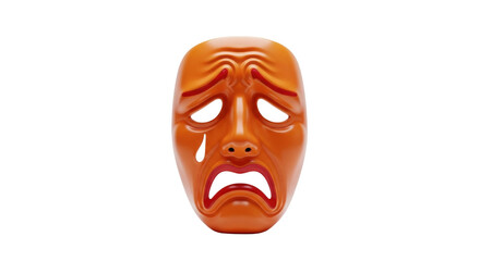 Isolated theatrical mask of tragedy portraying sadness and crying emotion in bright orange