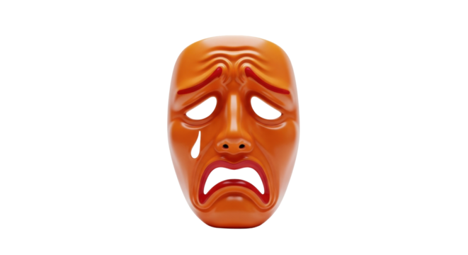 Isolated theatrical mask of tragedy portraying sadness and crying emotion in bright orange