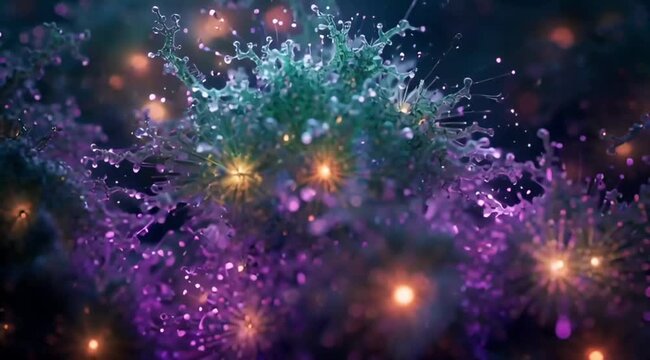 Digital illustration of adaptive nano material with green-purple glow in biolab  
