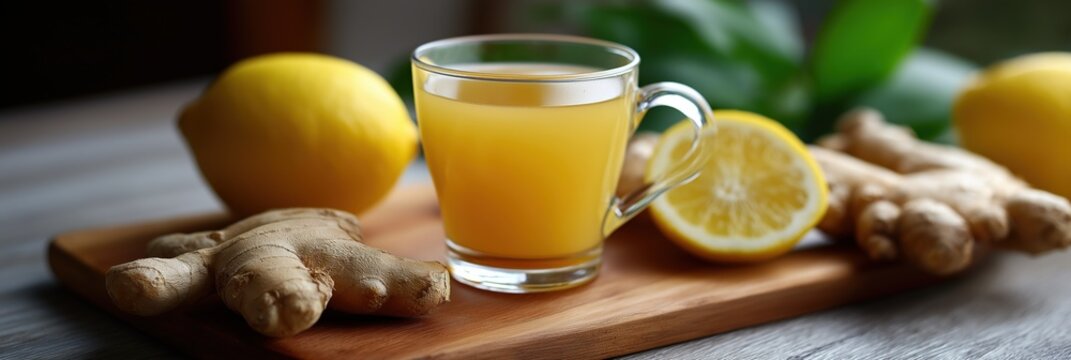 Fresh lemon and ginger tea on wooden tray with lemons and ginger roots
