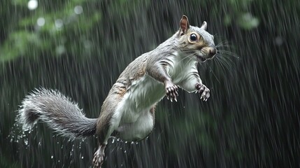 A startled gray squirrel leaping through heavy rain with wet fur in a dark forest setting