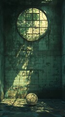 Abandoned arena: A soccer ball awaits play in the shadows of a forgotten stadium