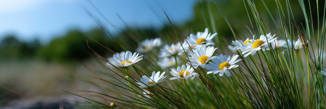 Blooming daisies in a sunlit meadow on a spring day - Powered by Adobe