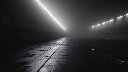 Eerie atmosphere: Dark industrial space illuminated by distant lights at night
