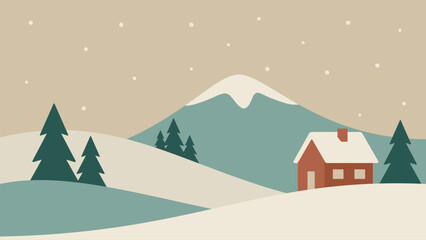 Naklejka premium Minimalistic landscape with house in Scandinavian style. Vector art of mountain. Hand drawn original illustration for Christmas cards.