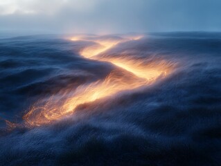 Enigmatic luminescence in the open sea, a golden path through deep blue waters