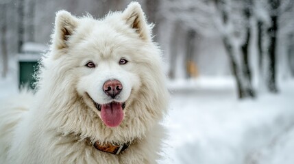 Obraz premium Samoyed Dog With a Smiling Face Stands in Soft Snow Surrounded by Trees in Winter